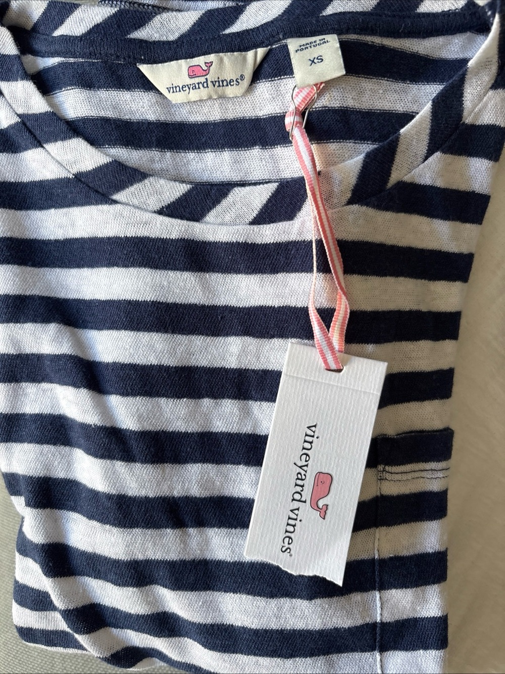 Vineyard Vines Navy & White Striped Linen Blend Crew Tee with Pink Logo Tag